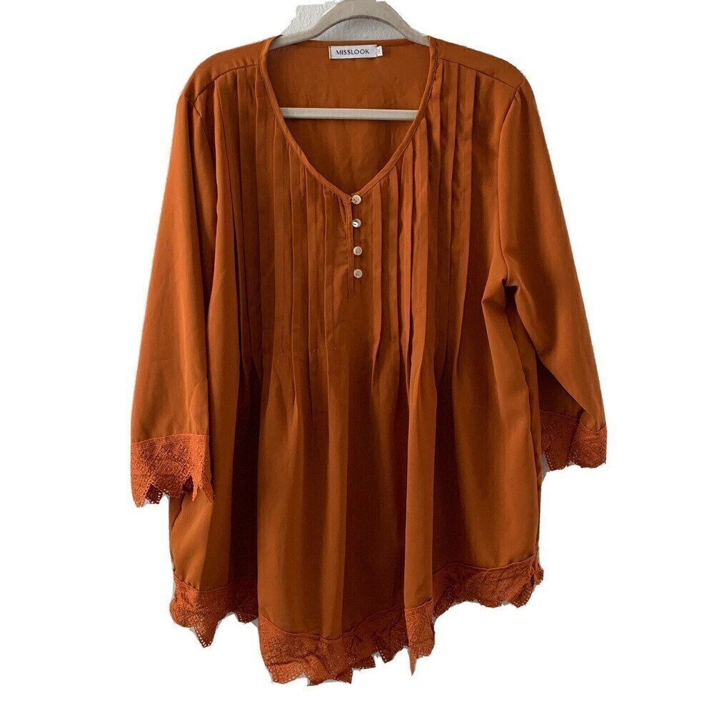 Misslook Womens Plus Size 3XL Orange Pleated Crochet Trim Popover Blouse